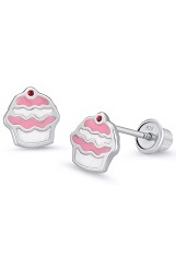 dazzling silver enamel cupcake screw back baby earrings